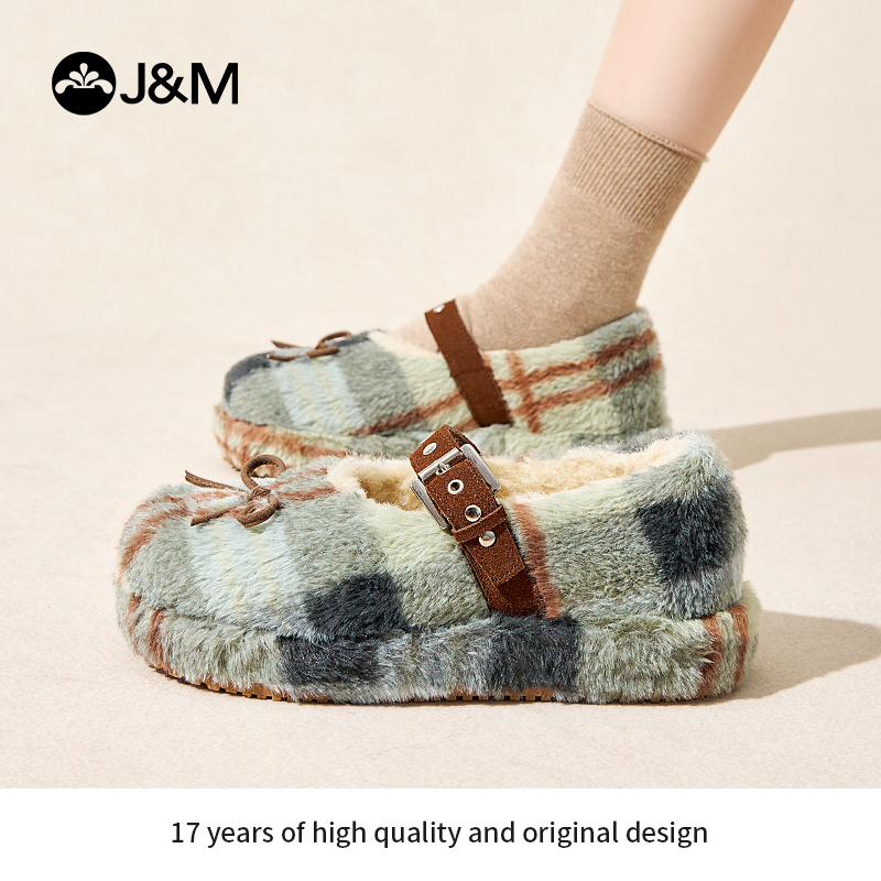 快乐玛丽法式加绒玛丽珍鞋冬季款拼色平底毛毛单鞋女百搭勃肯鞋女