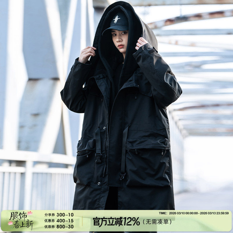 AOGZ国潮牌中长款假两件风衣男女秋冬季新款大衣情侣斗篷工装外套