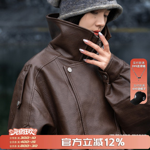 AOGZ皮衣外套男女秋冬新款 酷飒风机车立领宽松加绒加厚皮夹克 美式