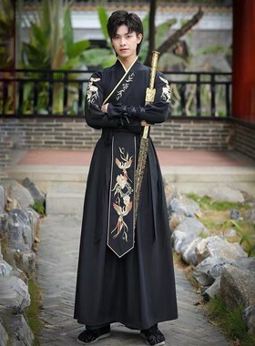 中国风古装大码交领长袖二件套汉服男生黑色武士书生剑客古风套装