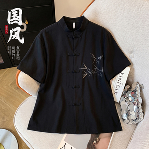 新中式男装短袖衬衫中国风唐装复古刺绣竹子汉服盘扣立领中山装
