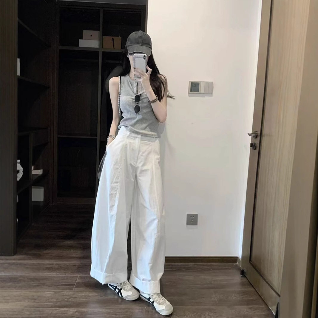 宽松时尚镰刀裤子小个子韩系慵懒松弛感酷飒风白色设计感阔腿裤女