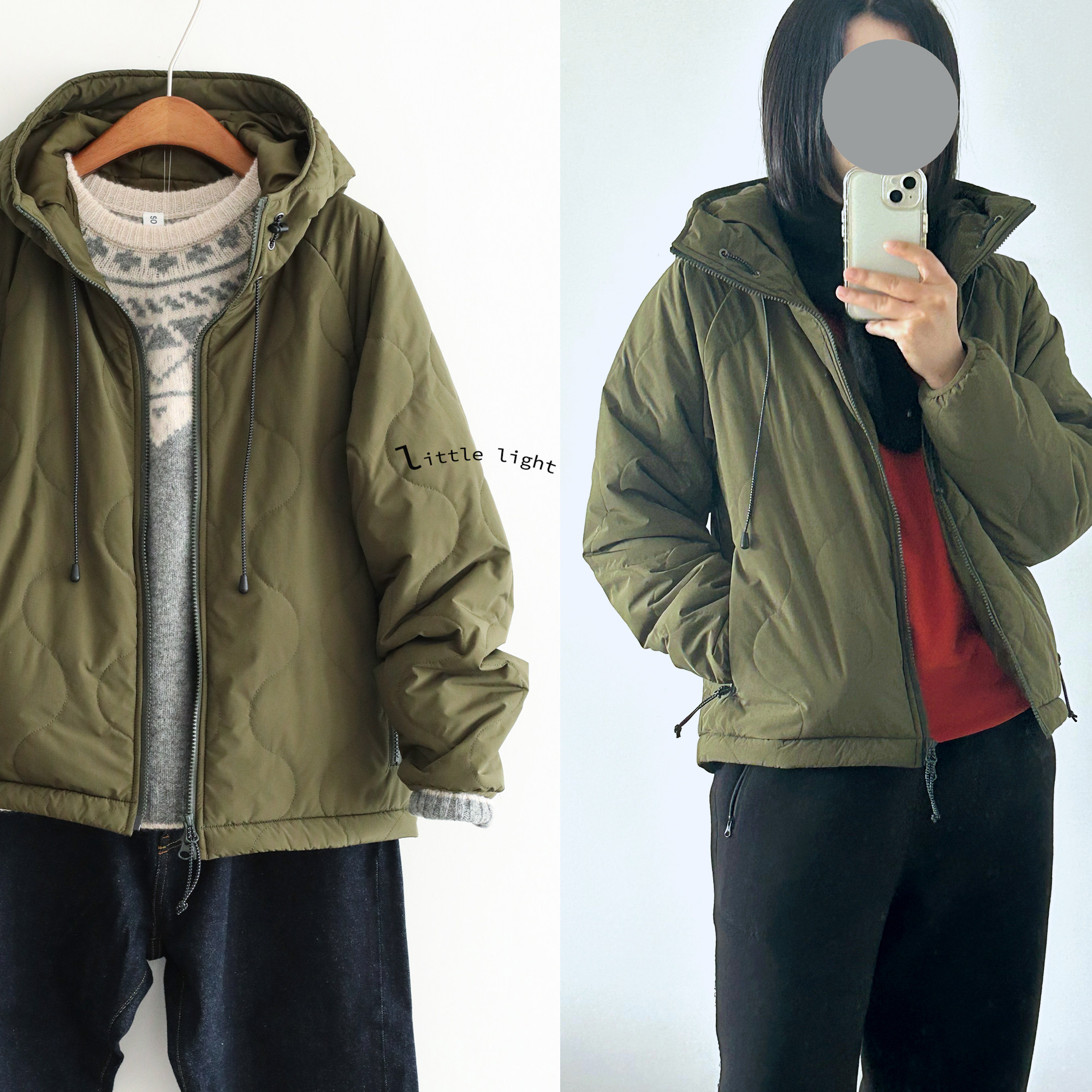 绗缝棉服超轻超暖军绿色户外
