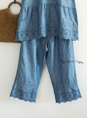 日系镂空蕾丝花边九分裤刺绣松紧腰棉麻休闲裤