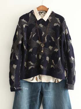 Pp日系双色双纱提花棉麻针织套头上衣女士针织衫文艺感