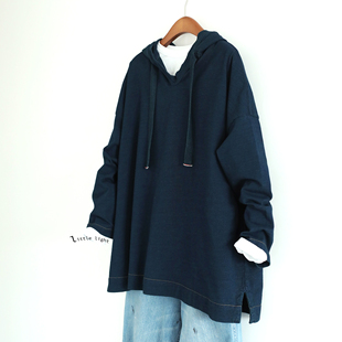日系蓝染连帽纯棉卫衣男女同款 套头侧开衩宽松上衣