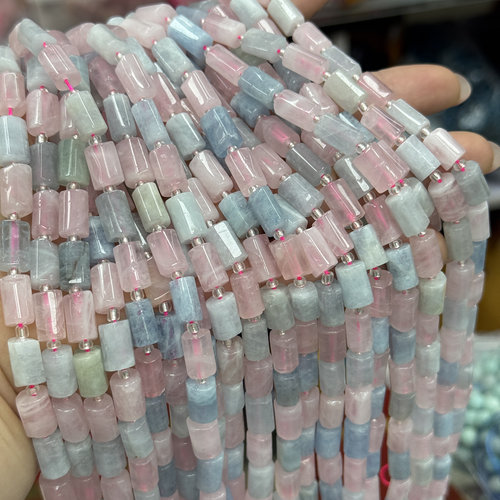 纯天然海蓝宝马粉圆柱散珠约8*11mm半成品Diy项链手链配珠
