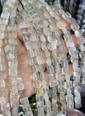 正方形天然玛瑙灰白色系8*8*5mm散珠配珠一条约24颗Diy饰品隔珠