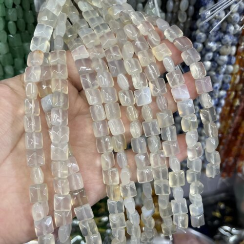 正方形天然玛瑙灰白色系8*8*5mm散珠配珠一条约24颗Diy饰品隔珠
