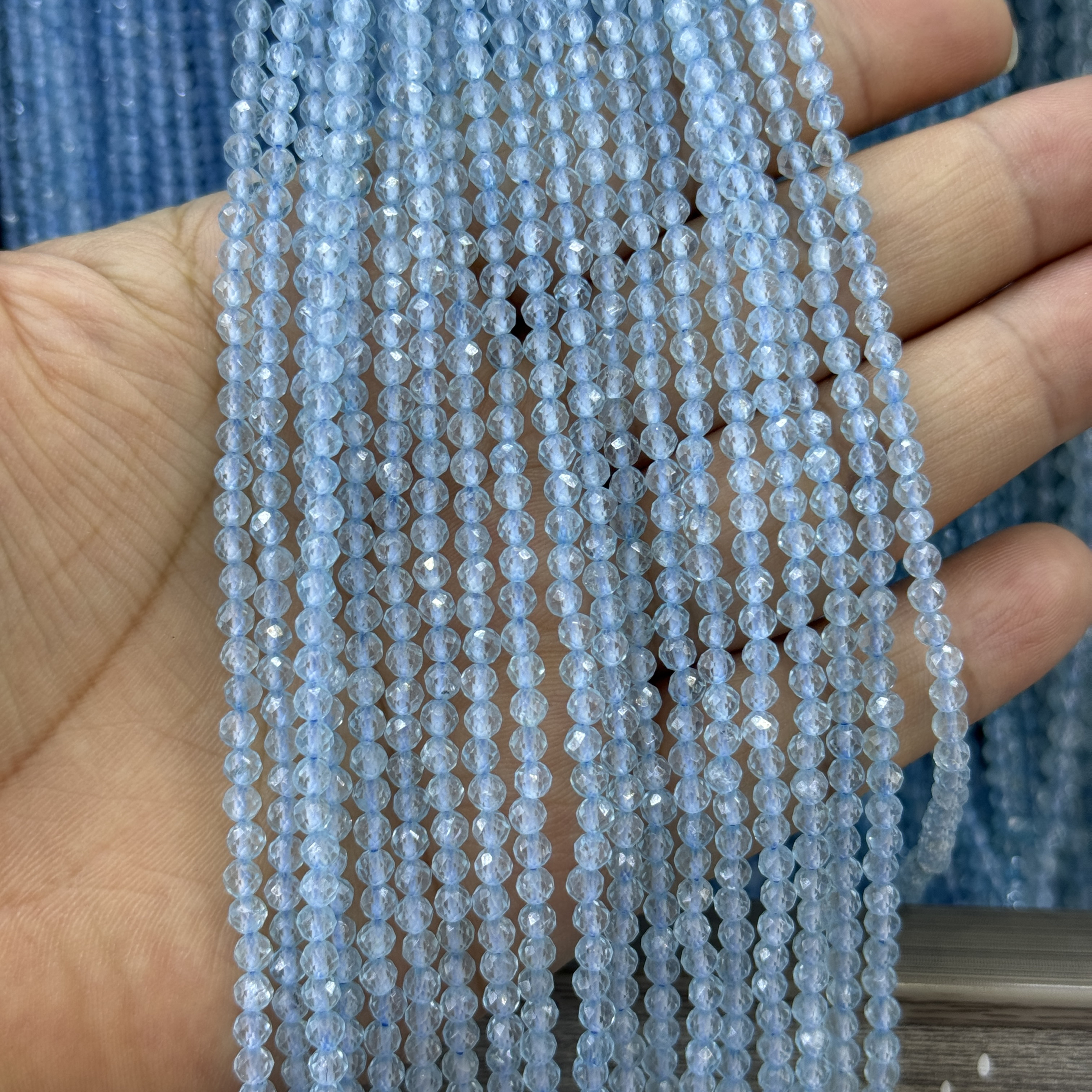 3/4mm天然刻面蓝托帕切角圆珠散珠半成品DIY项链手链半成品饰品
