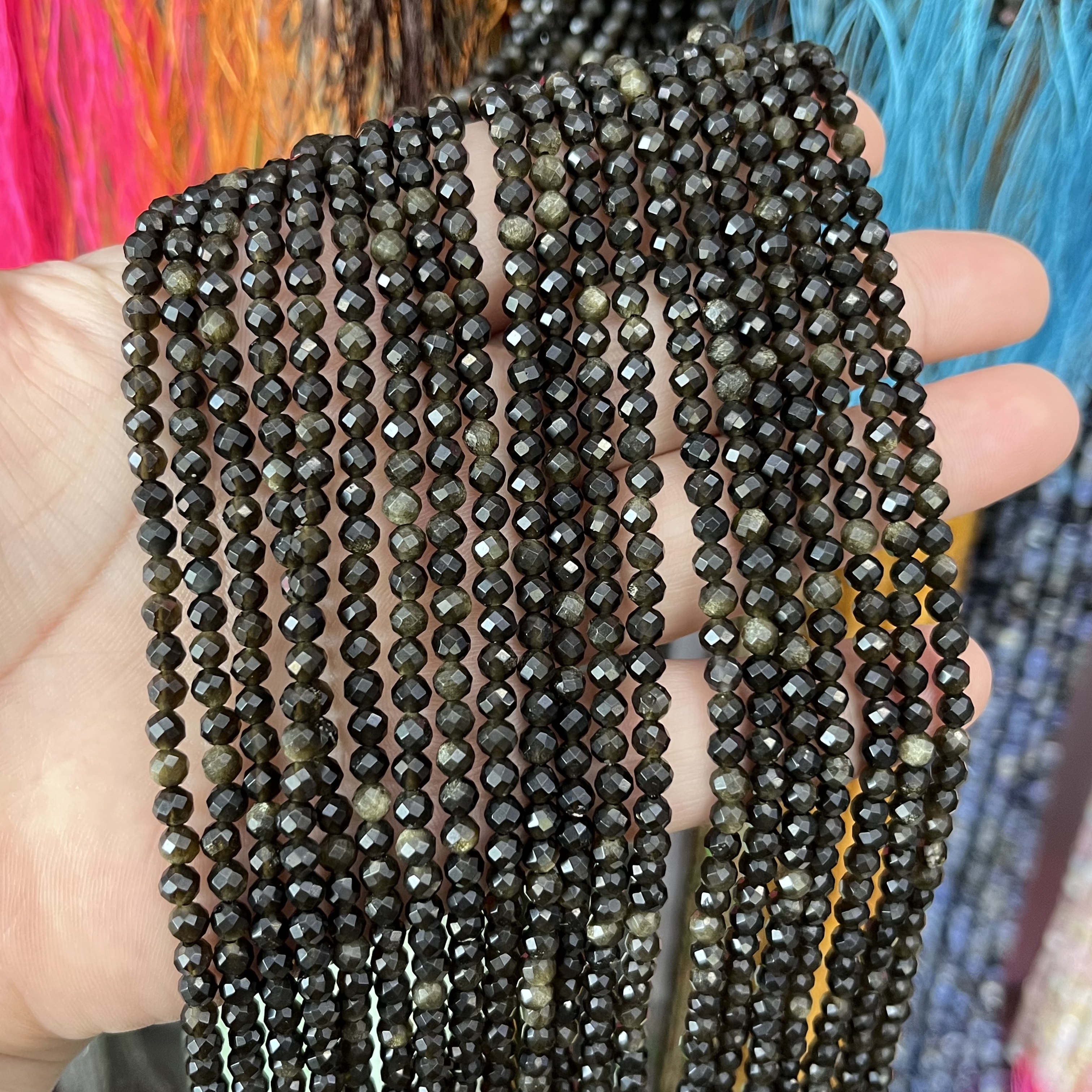 天然黑金耀切面珠散珠足球切面散珠配珠手工串珠饰品配件