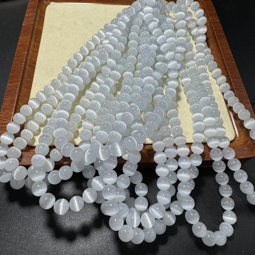 白猫眼石闪电纹圆珠白色