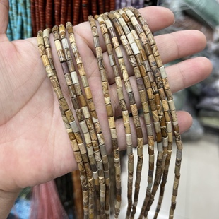 6mm天然图画石圆管珠散珠半成品一条38厘米长项链手链配珠饰品