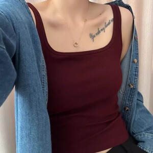 6850# 吊带小背心女内搭外穿方领带胸垫一体设计感打底修身显瘦