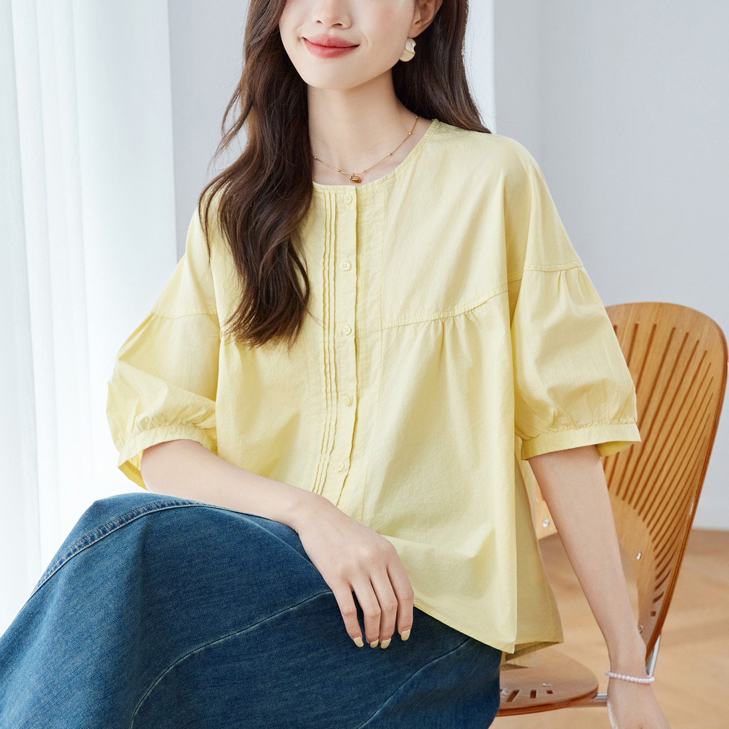夏季纯棉压皱宽松短袖衬衫女