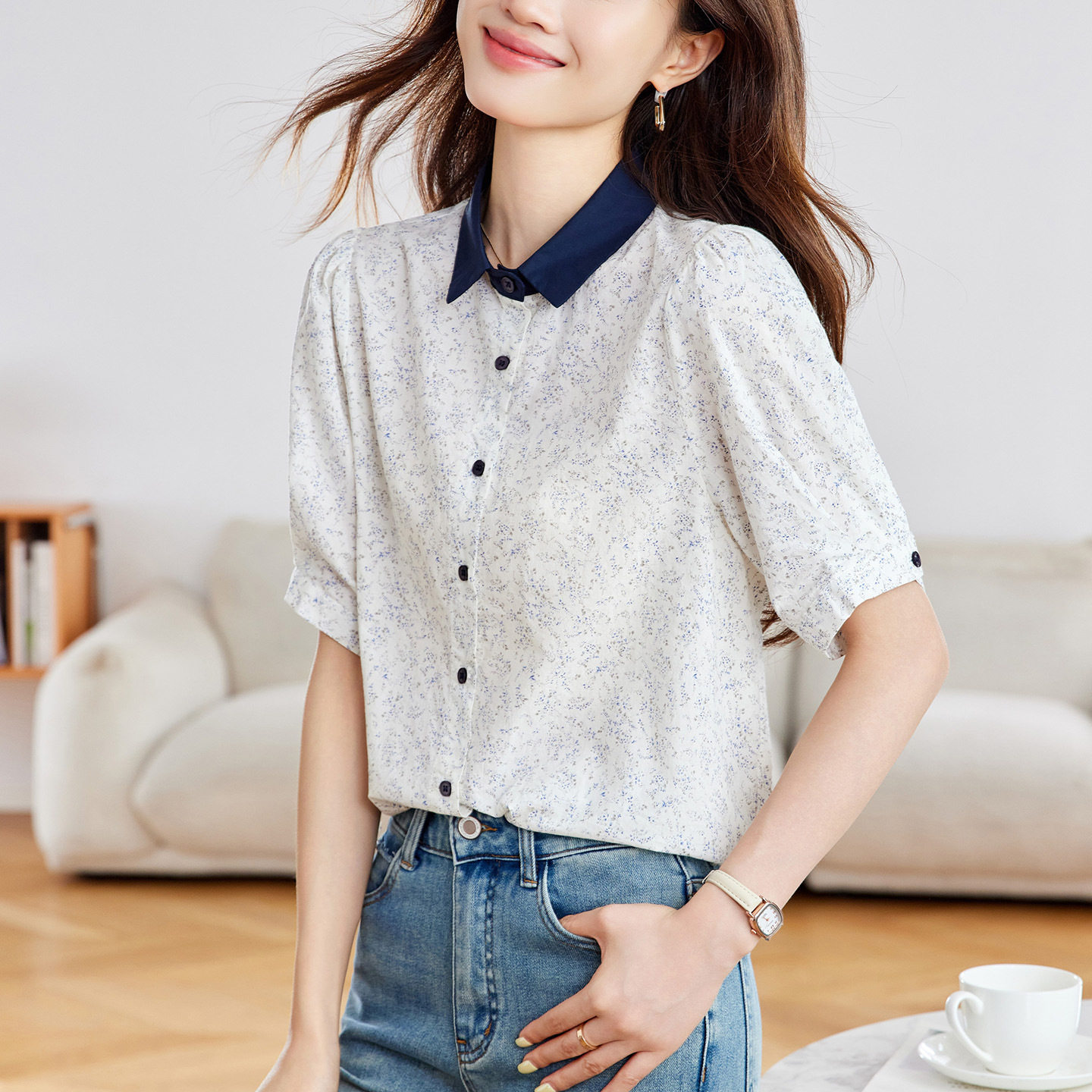 夏季纯棉宽松碎花短袖衬衫女