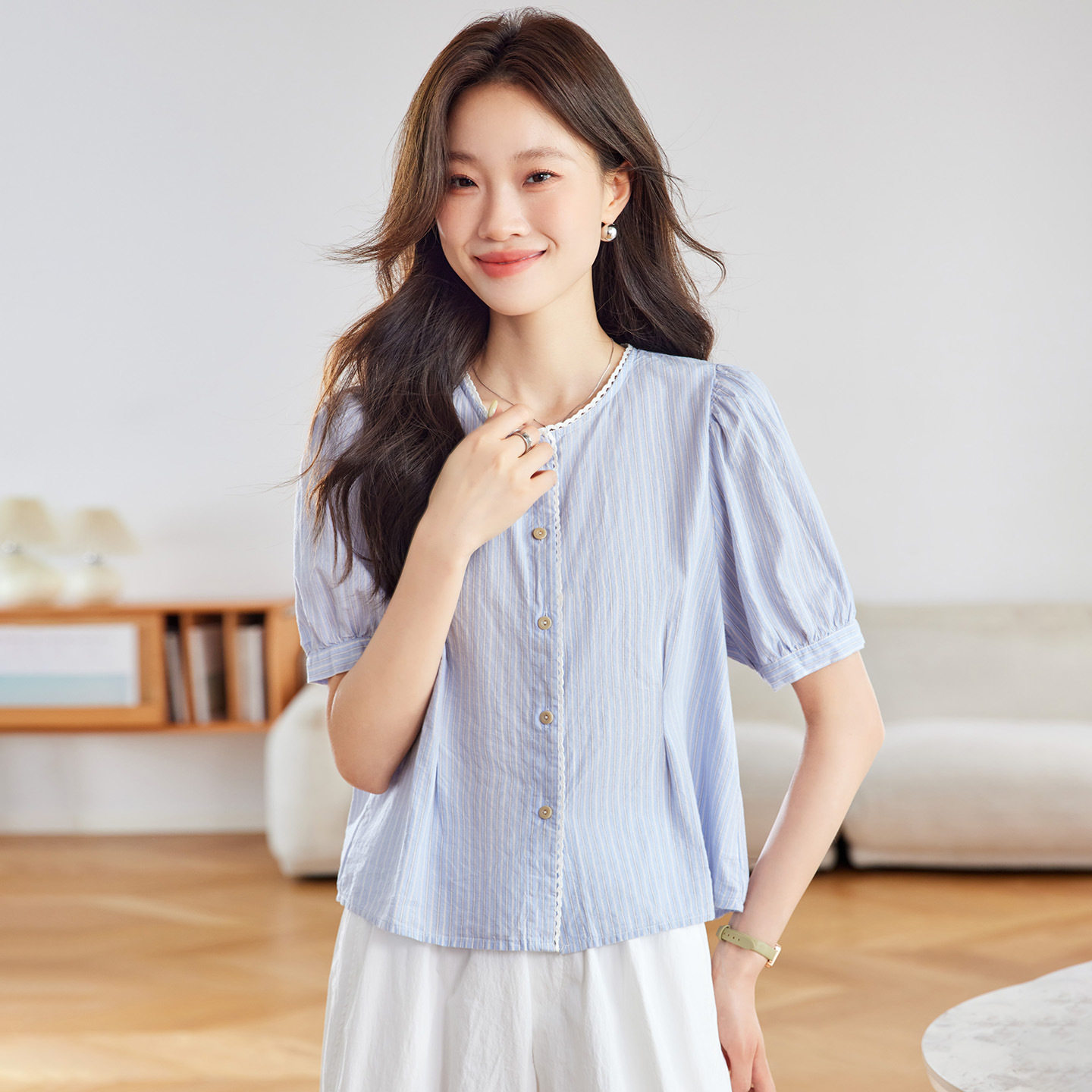 夏季纯棉抽褶条纹短袖女衬衫