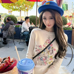 欧货2026新款春季气质刺绣幸运五角星羊绒针织衫设计感花朵毛衣