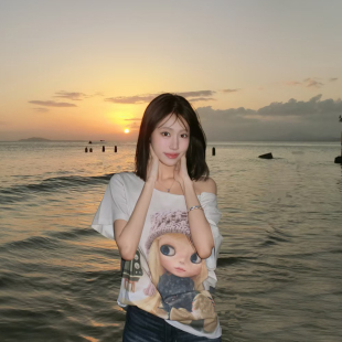 卡通娃娃印花卡通短袖 斜肩韩系联名款 T恤女宽松上衣 新款 2026春季