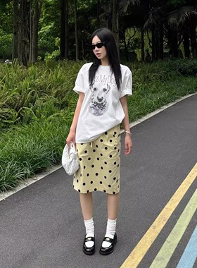 【现货】复古淡黄色松紧腰抽绳波点半身裙女夏季百搭显瘦直筒中裙