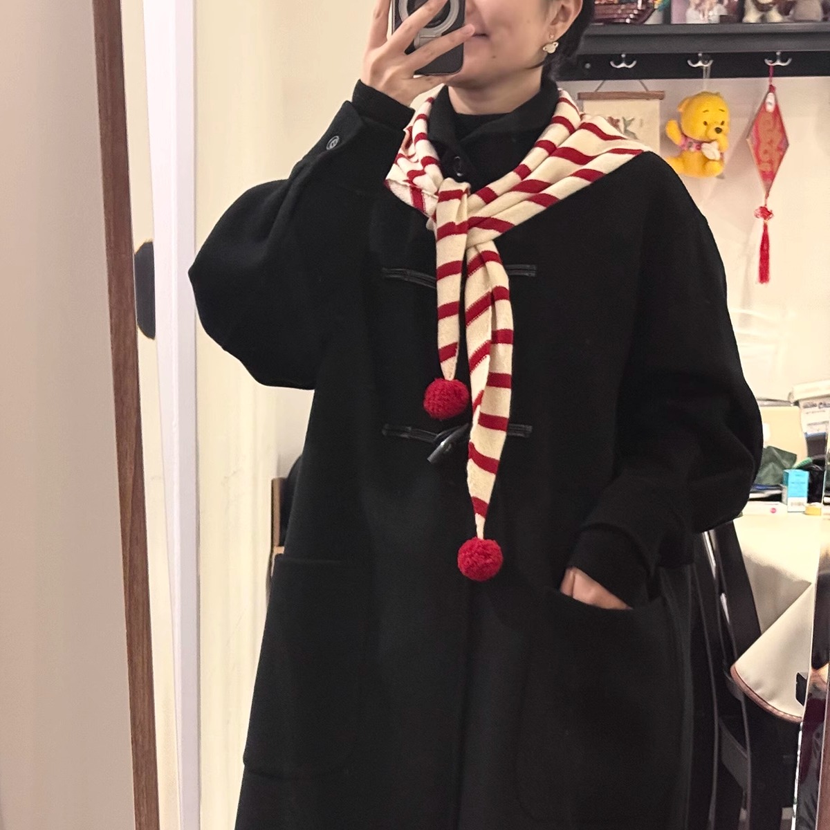 【现货】日系手工球球条纹三角围巾头巾女 复古保暖针织围脖