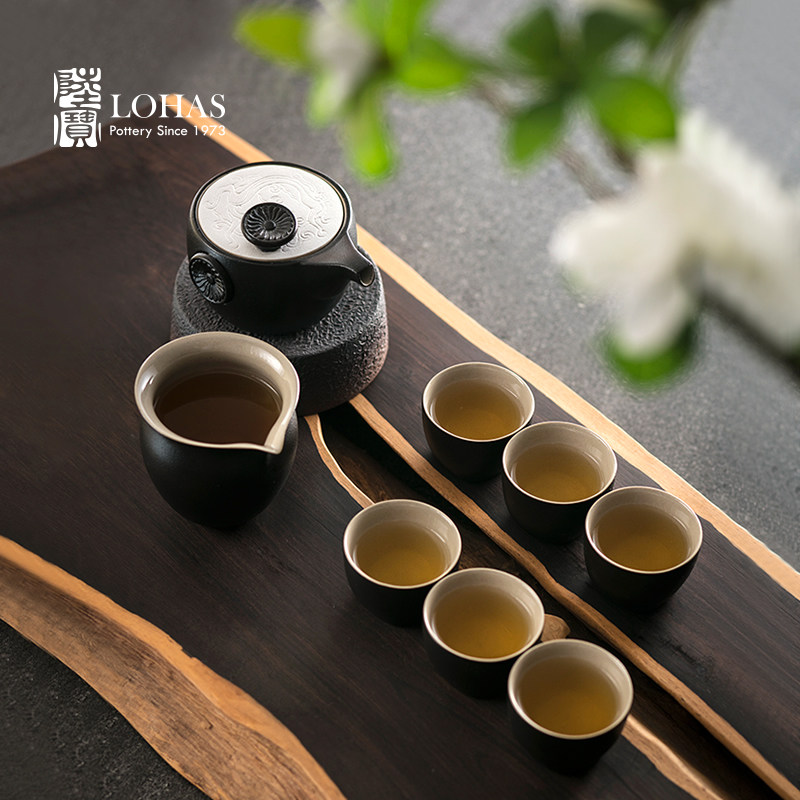 台湾陆宝茶器定窑龙纹旅行茶组禅风黑一壶六杯带布包工夫茶泡茶壶