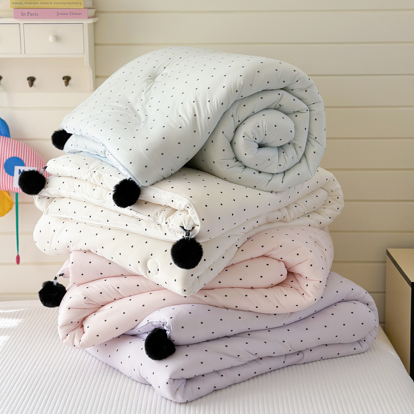 A类牛奶针织棉加厚冬被简约波点春秋被柔软可水洗球球被双人床1.8