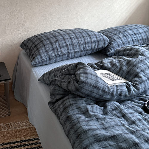 全棉皱皱纱床上四件套格纹