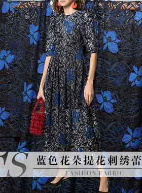 FS风尚定位图案黑底蓝色绣花刺绣蕾丝布料春秋女装连衣裙服装面料