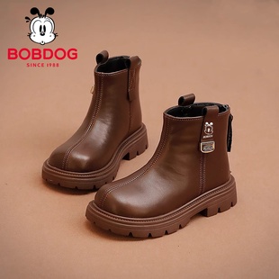 巴布豆真皮女童靴子2025秋冬季新款儿童马丁靴中大童加绒棉靴短靴