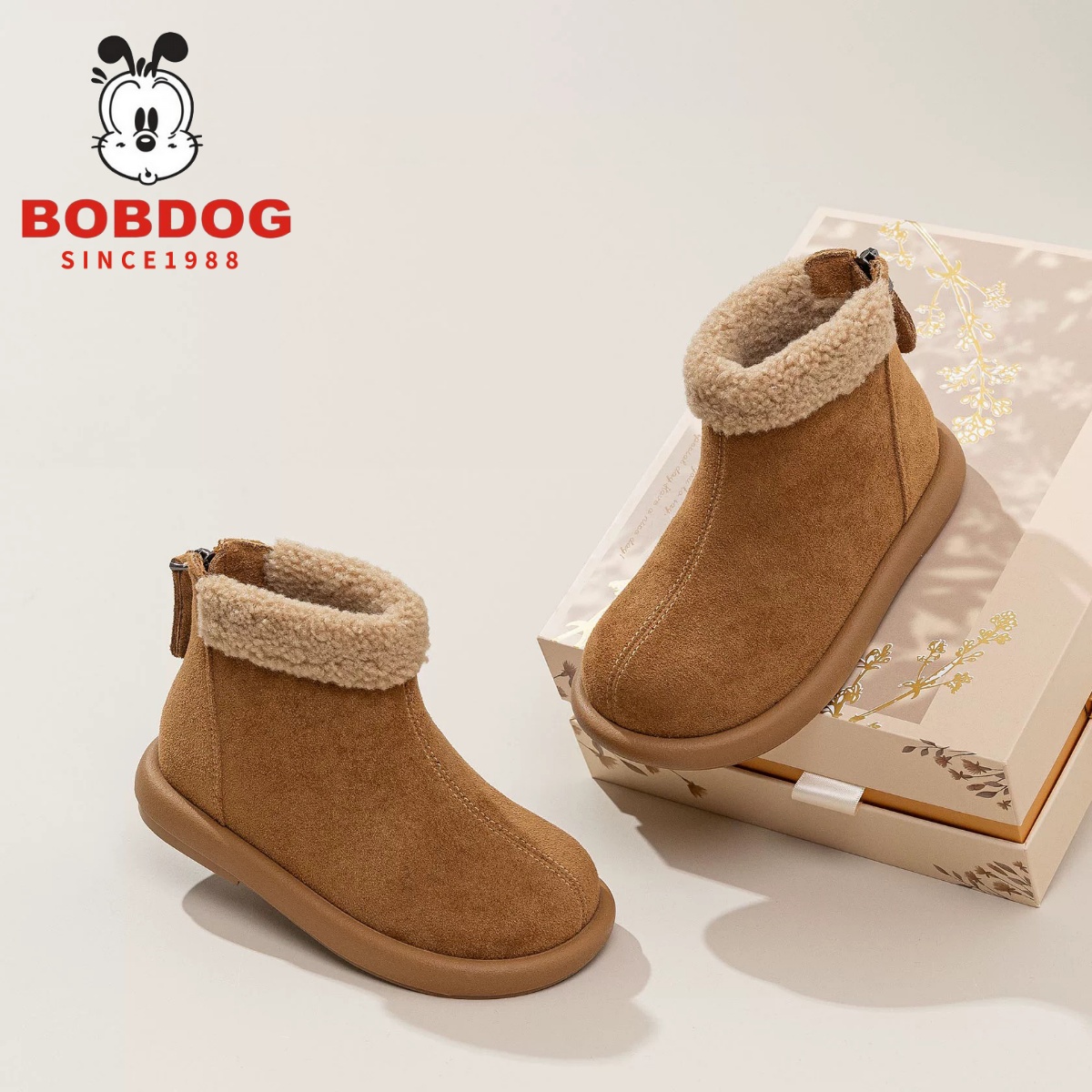 巴布豆真皮女童棉鞋加绒雪地靴