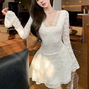 新款 秋季 收腰显瘦A字短裙女潮 蕾丝连衣裙2025款 韩系纯欲风V领长袖
