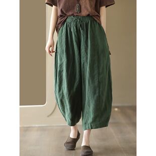 棉麻休闲裤女款夏季松紧腰系带宽松哈伦裤子复古拼接垂感灯笼裤女