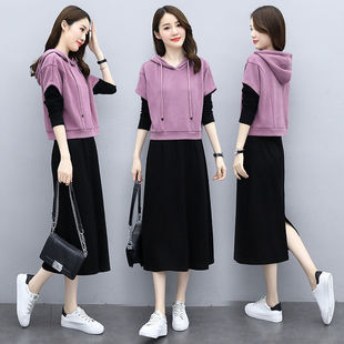 显瘦女神范气质连帽马甲连衣裙套装 两套装 修身 时尚 女潮 2026春新款