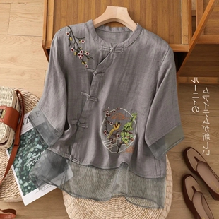 复古薄款刺绣高端小衫女士民族风夏季宽松立领妈妈上衣衬衫仿棉麻