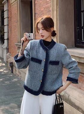 内里充绒加厚拼接蓝色小香风法式短外套秋冬新款气质高级感上衣女