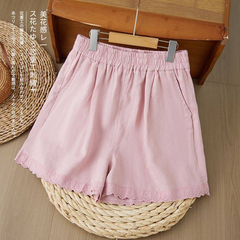 棉麻休闲短裤夏季新款2026时尚休闲宽松透气花边气质热裤子短款女