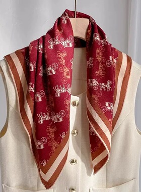 秋冬季轻奢丝毛围巾桑蚕丝羊毛时尚丝毛方巾复古红色双面羊毛围巾