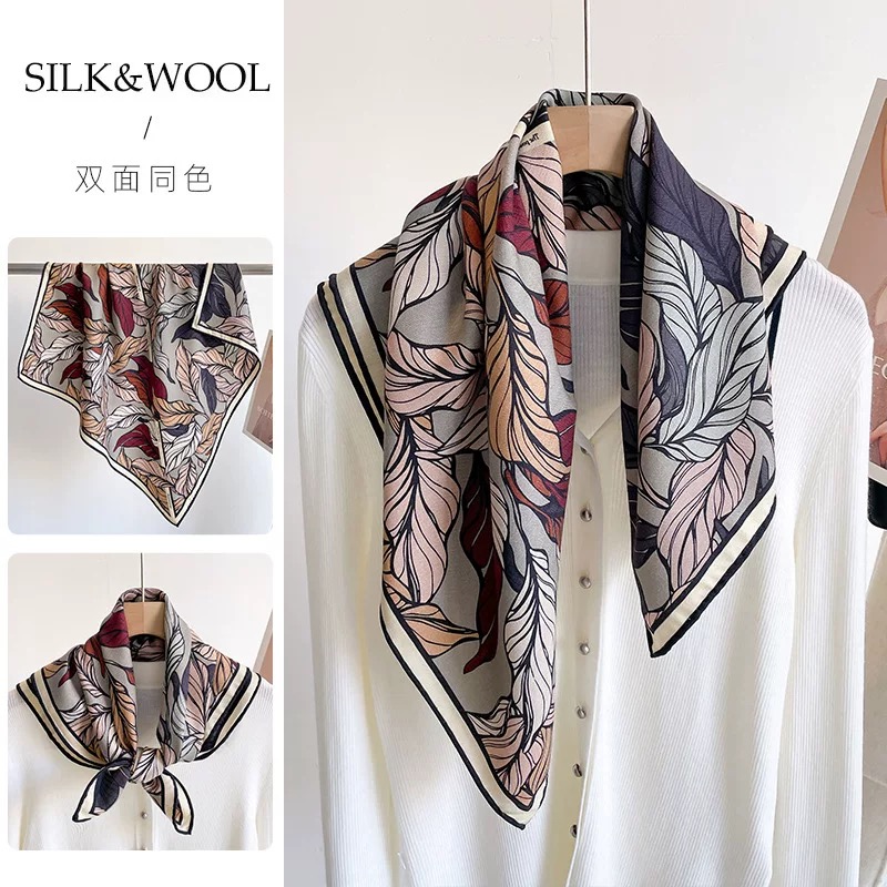 树叶知秋65丝毛方巾女士真丝羊毛