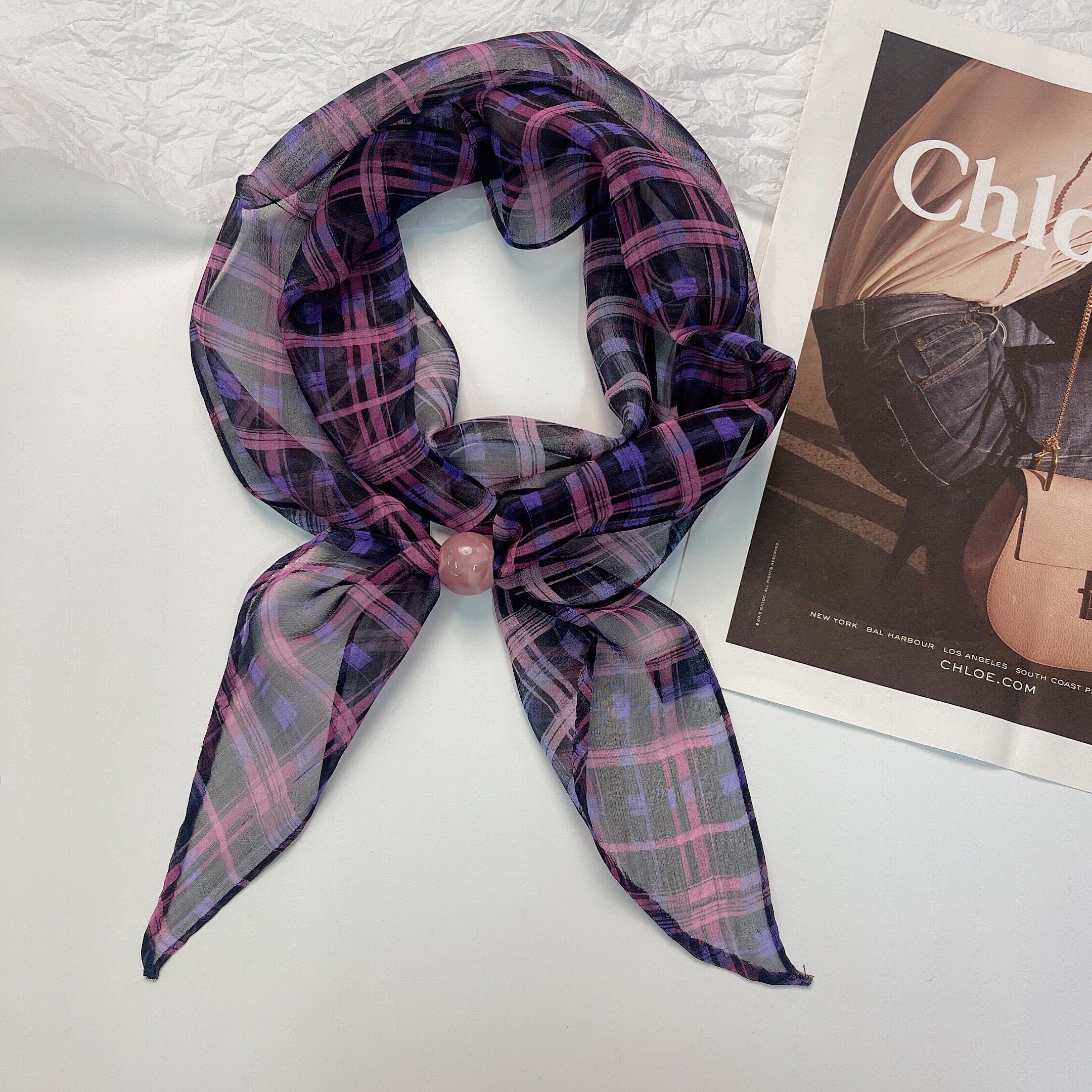 100%桑蚕丝丝巾女紫色格子春夏季薄款真丝乔其纱小飘带护颈小领巾