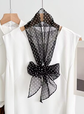 小波点斜角长条真丝小领巾女赫本风桑蚕丝乔其纱夏季百搭飘带丝巾