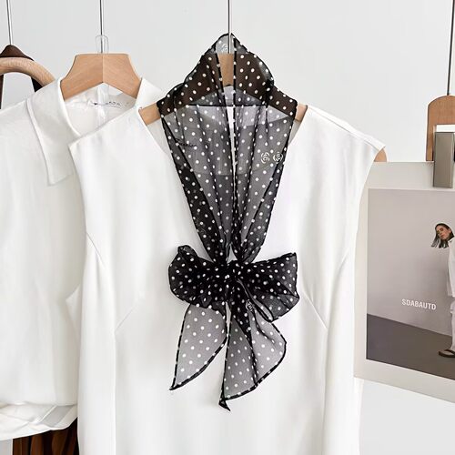 真丝小波点斜角长条真丝小领巾女