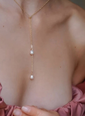 MINI BLOOM 可调节双珍珠Y字项链进口14k包金