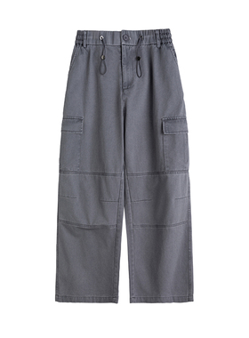 美式复古收缩腰多口袋秋季新款宽松直筒设计感纯棉工装裤