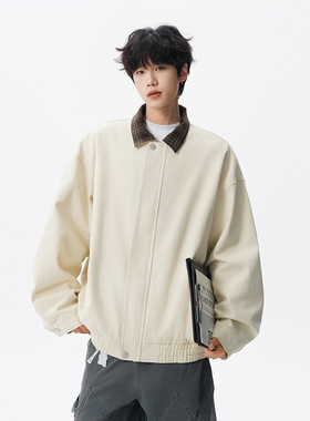 美式复古假两件格纹夹克男秋季新款宽松拼接翻领外套棒球服