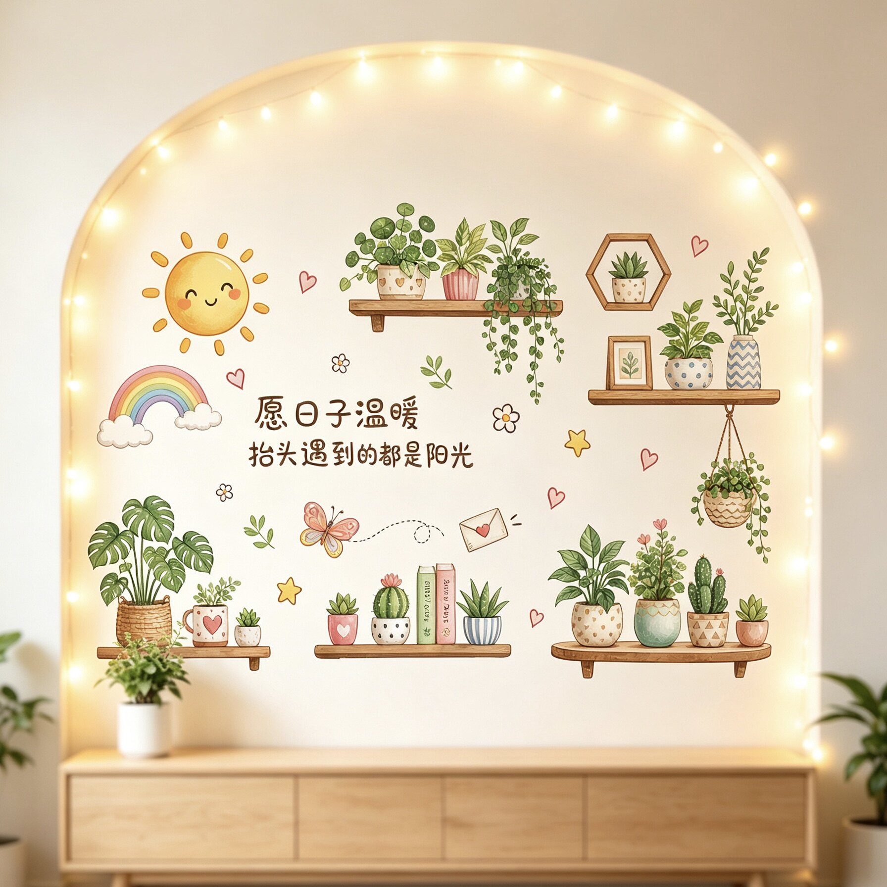 客厅绿植墙贴文艺治愈文字贴画盆栽彩虹太阳卧室自粘墙面装饰贴纸