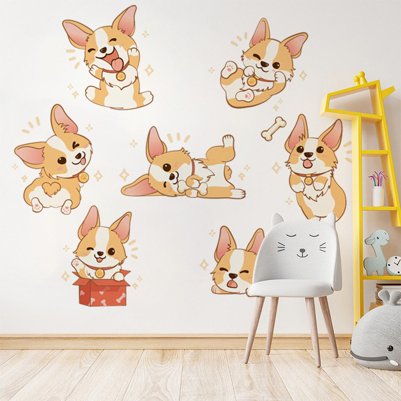 卡通可爱动物短腿小柯基儿童房卧室墙面贴画不透明可遮挡防水墙贴