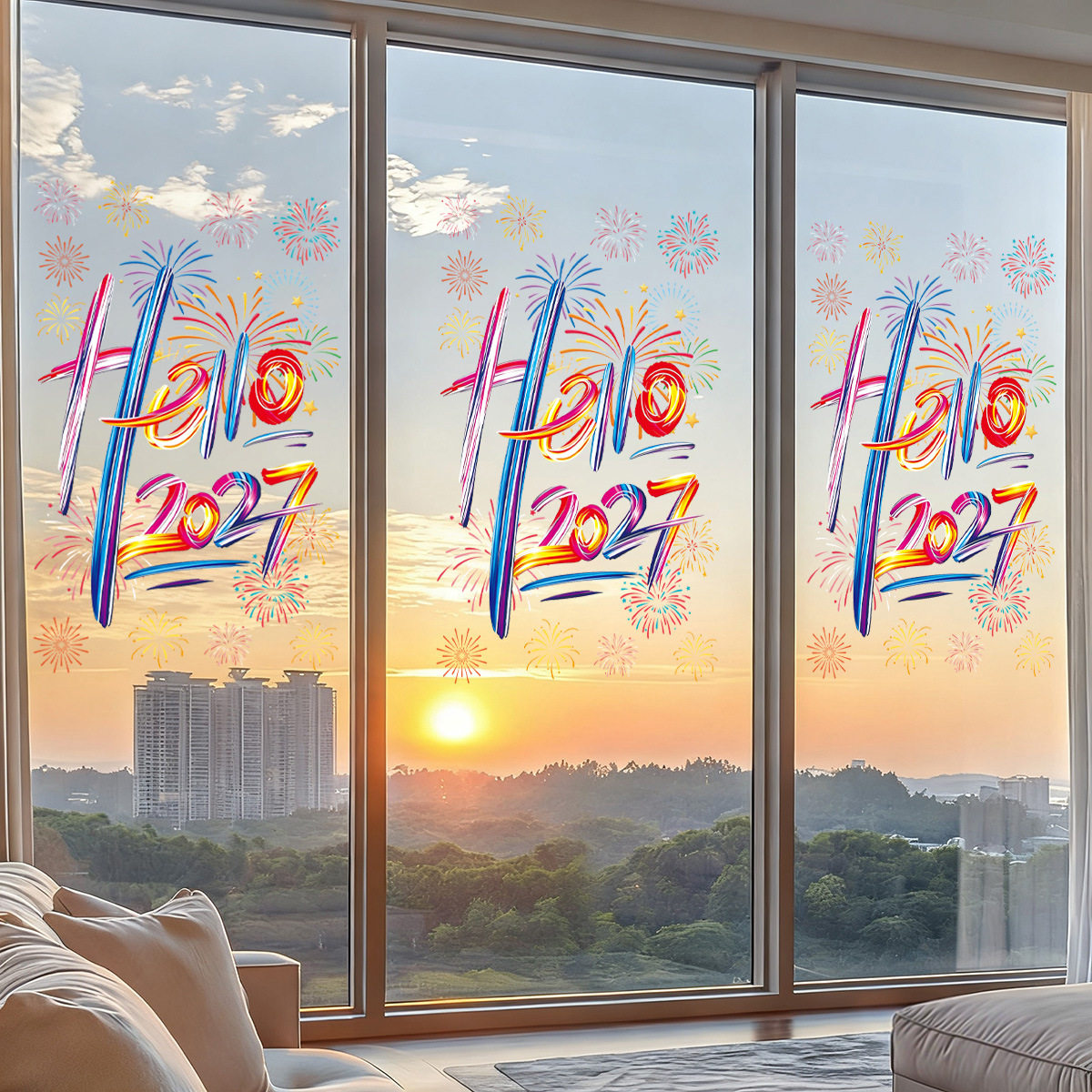 彩色2026新年快乐玻璃门贴纸春节过年装饰马年窗户窗花贴画静电贴