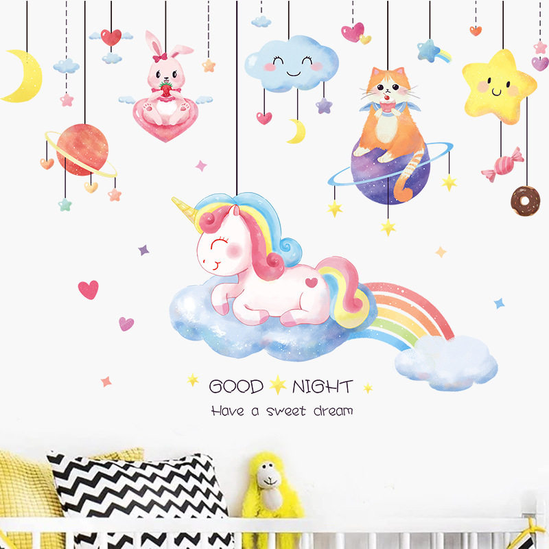 少女心独角兽贴纸墙贴画儿童卧室房间背景墙布置墙面装饰画小图案