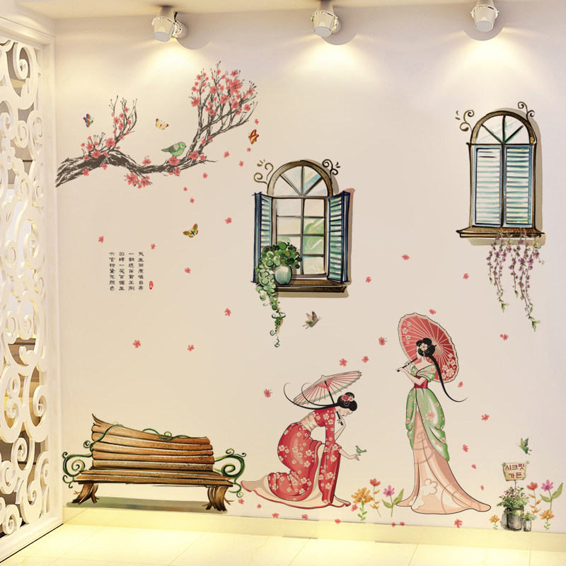 古风水墨画温馨立体自粘客厅墙纸